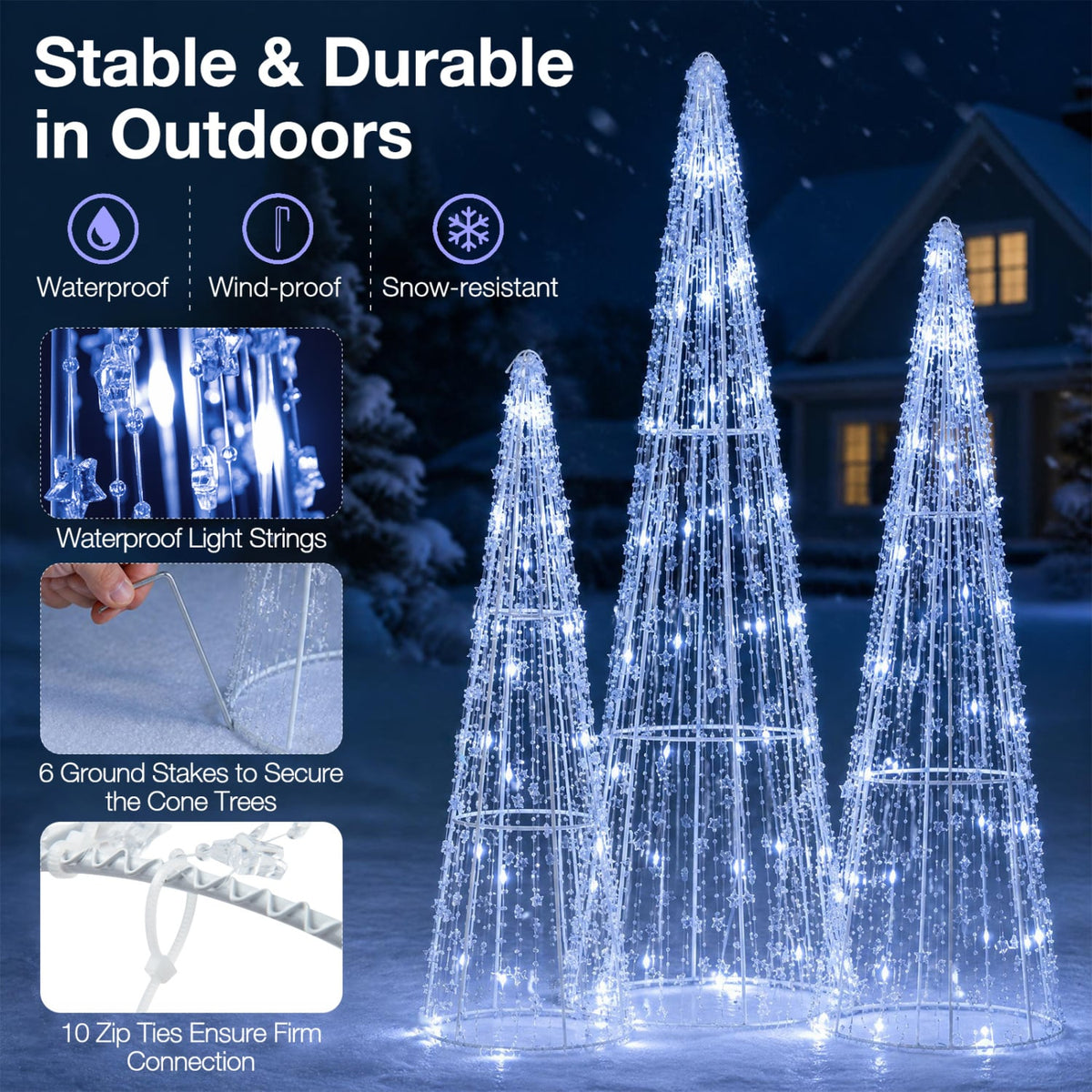 Set of 3 Pre-lit Christmas Cone Trees with Star Strings for Christmas-Cold White-Christmas Decorations & Accessories-DECOROLALA