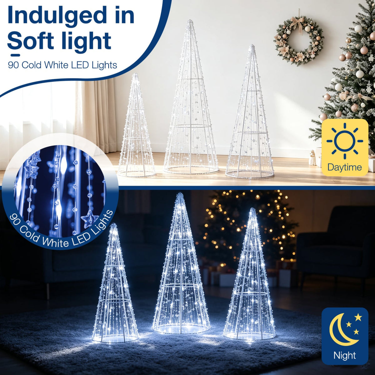Set of 3 Pre-lit Christmas Cone Trees with Star Strings for Christmas-Cold White-Christmas Decorations & Accessories-DECOROLALA