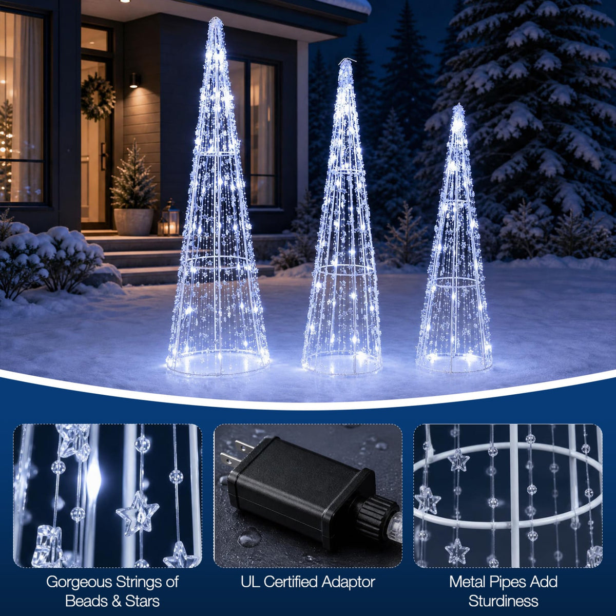 Set of 3 Pre-lit Christmas Cone Trees with Star Strings for Christmas-Cold White-Christmas Decorations & Accessories-DECOROLALA