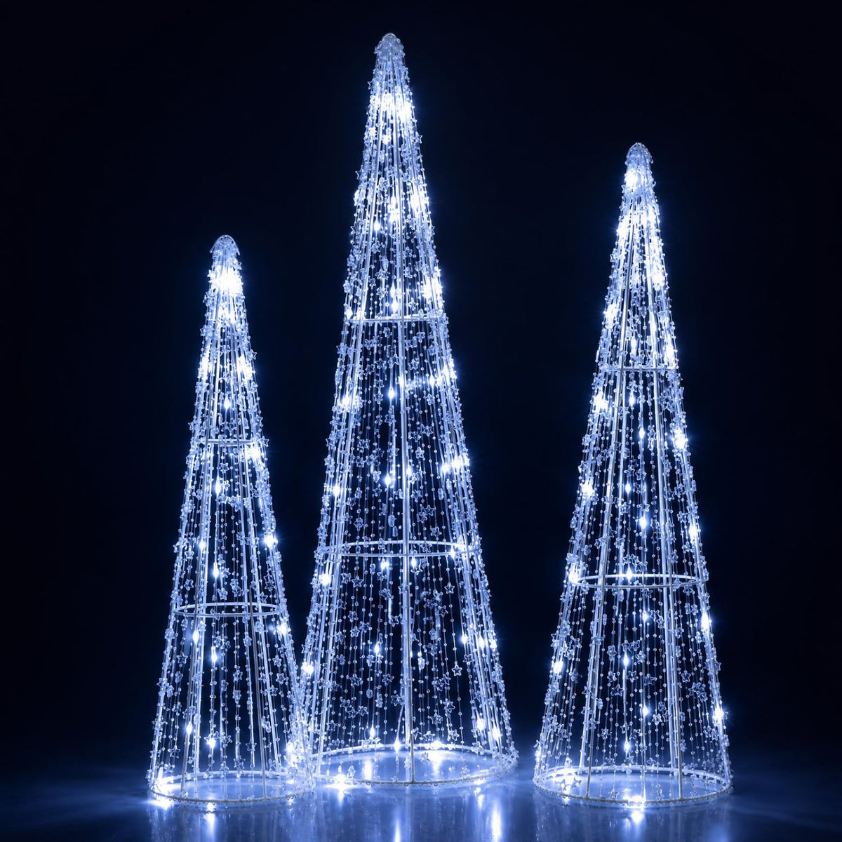Set of 3 Pre-lit Christmas Cone Trees with Star Strings for Christmas-Cold White-Christmas Decorations & Accessories-DECOROLALA