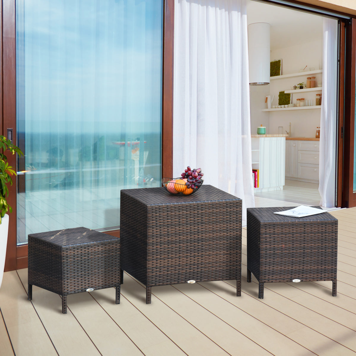 Set of 3 Wicker Nesting Tables - Brown Outdoor Rattan-Patio Bistro Sets-DECOROLALA