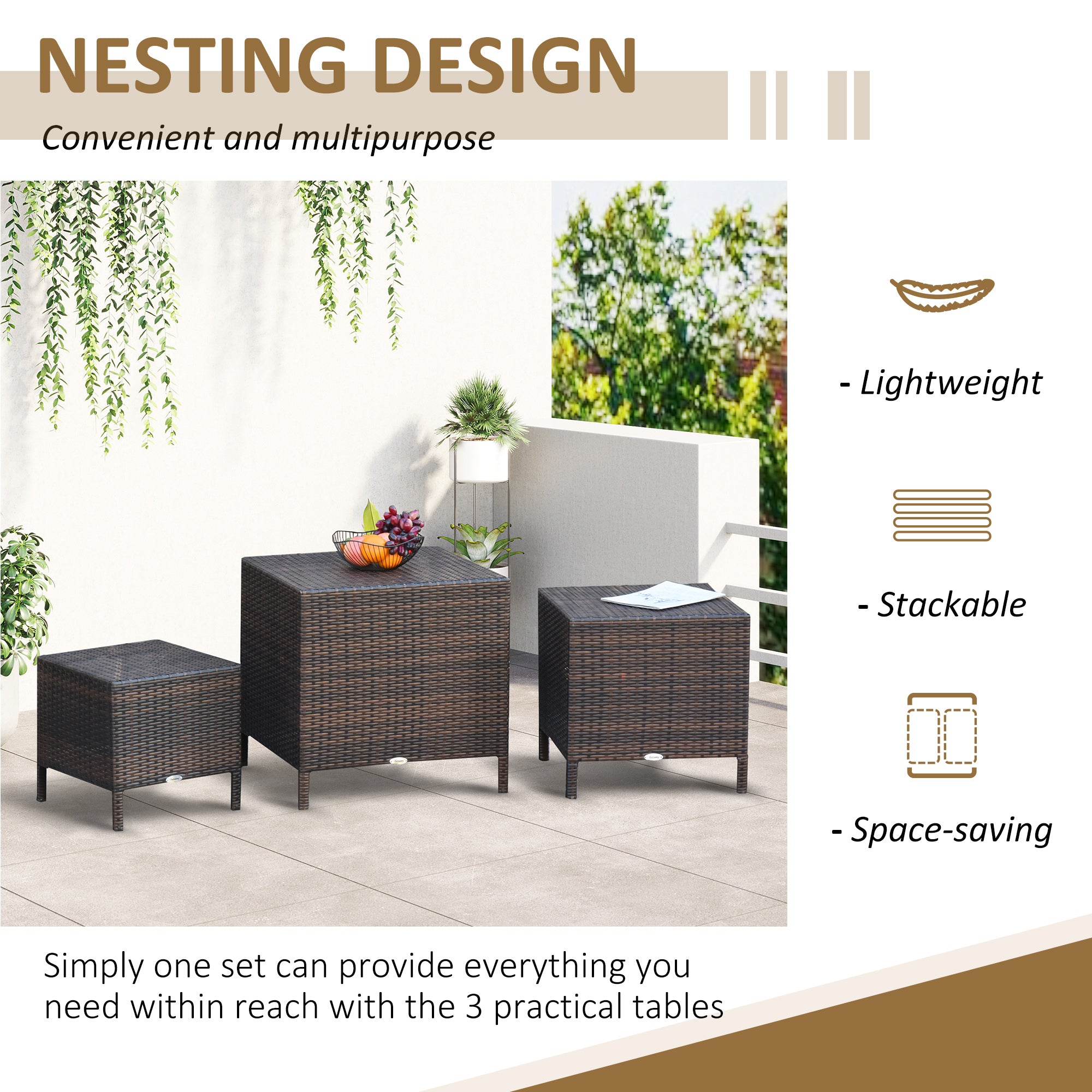 Set of 3 Wicker Nesting Tables - Brown Outdoor Rattan-Patio & Garden > Patio Furniture > Bistro Sets-DECOROLALA
