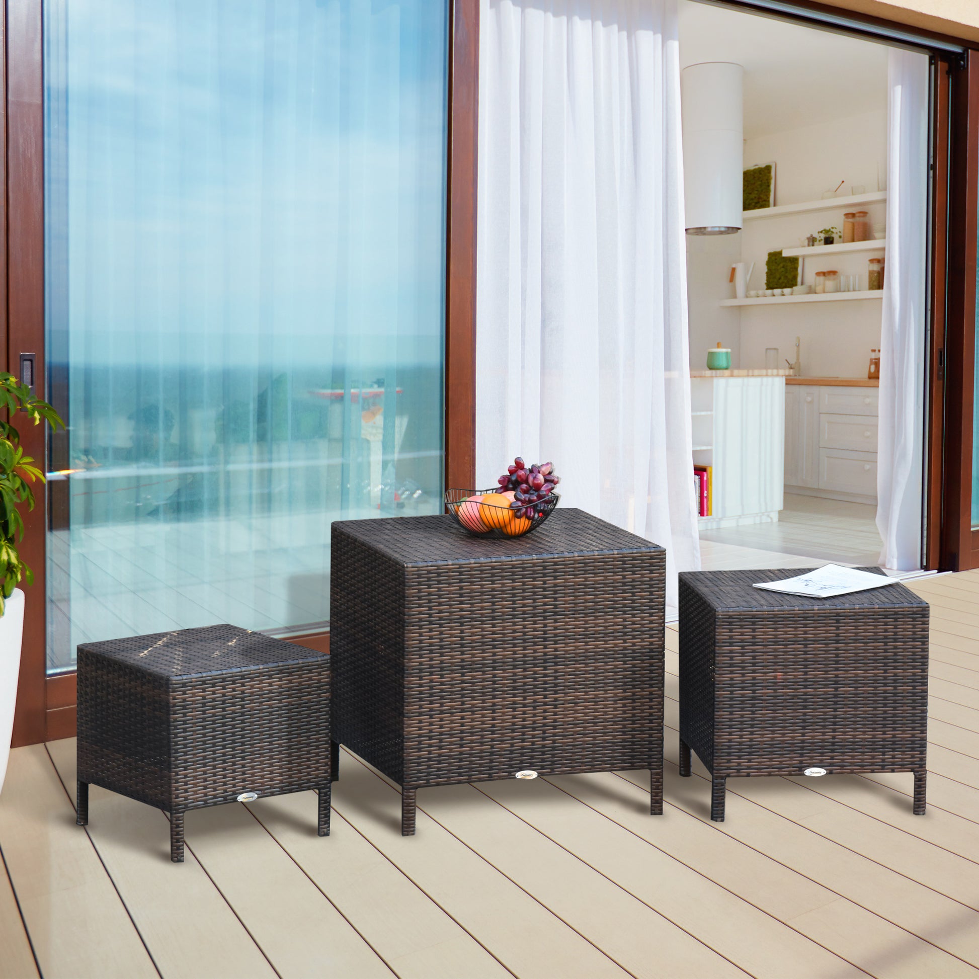 Set of 3 Wicker Nesting Tables - Brown Outdoor Rattan-Patio & Garden > Patio Furniture > Bistro Sets-DECOROLALA