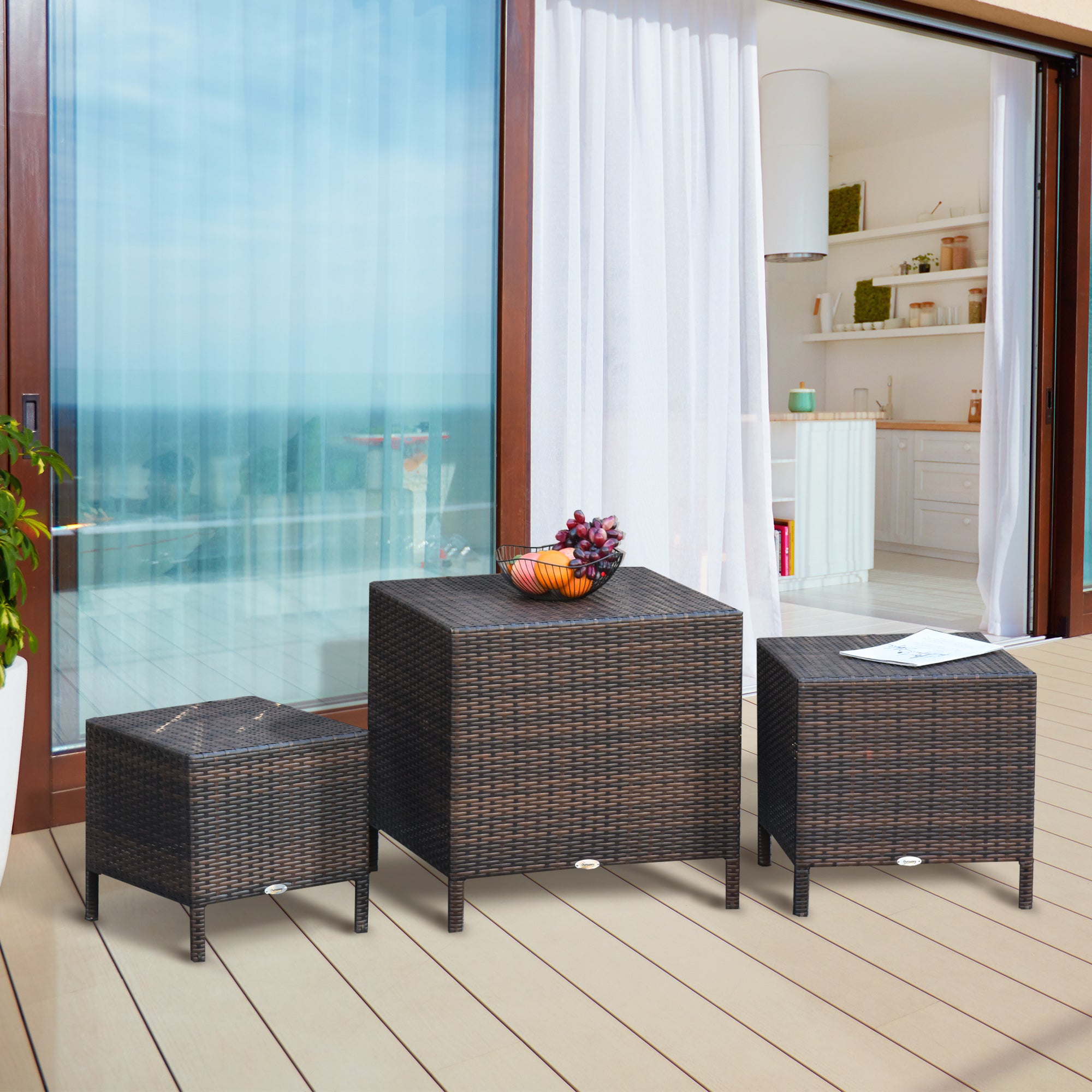 Set of 3 Wicker Nesting Tables - Brown Outdoor Rattan-Patio & Garden > Patio Furniture > Bistro Sets-DECOROLALA
