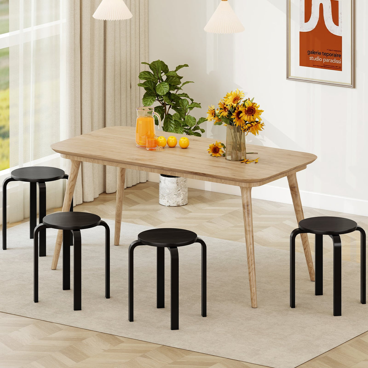 Set of 4 18 Inch Stackable Bentwood Dining Chairs with Round Top-Black-Dining Chairs-DECOROLALA