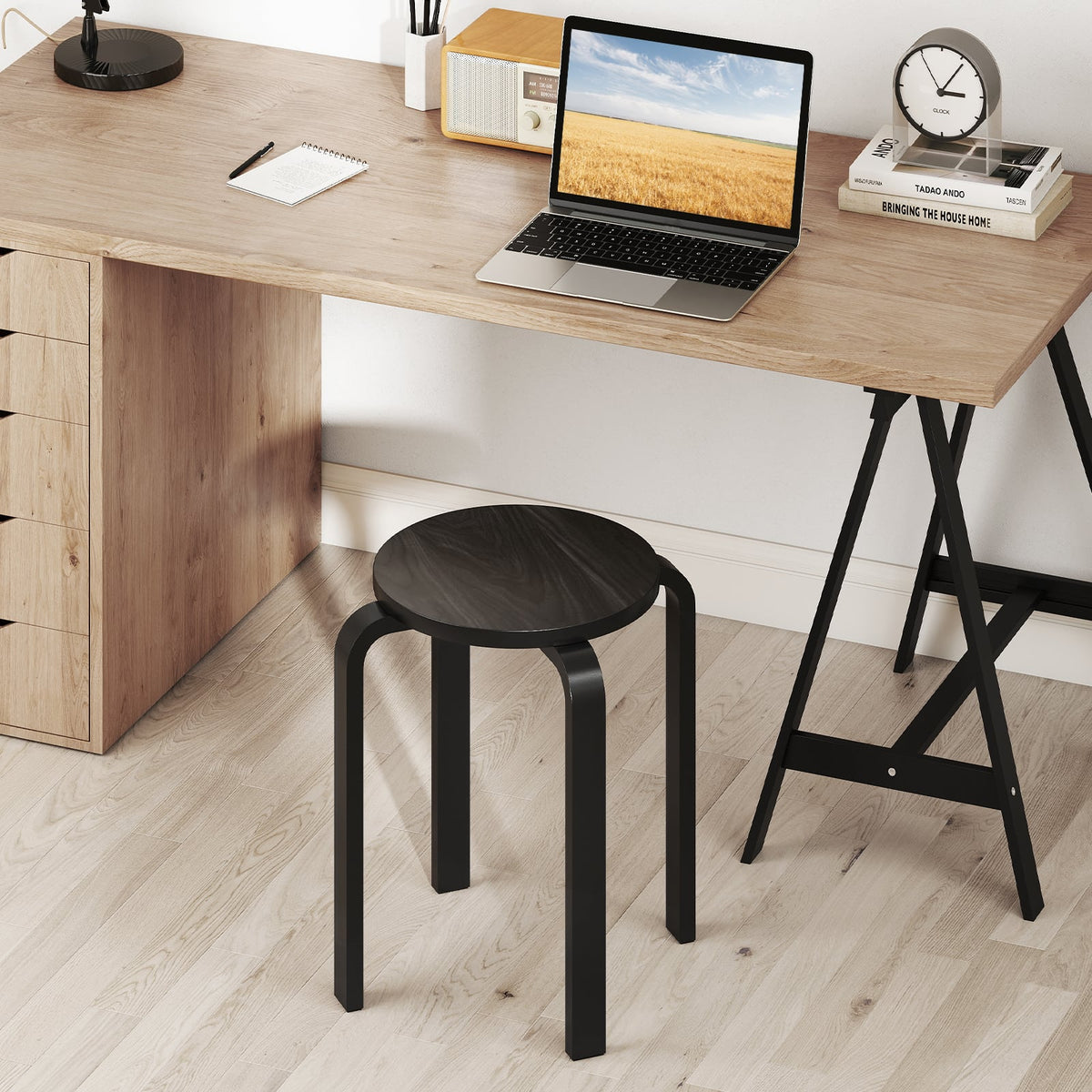Set of 4 18 Inch Stackable Bentwood Dining Chairs with Round Top-Black-Dining Chairs-DECOROLALA