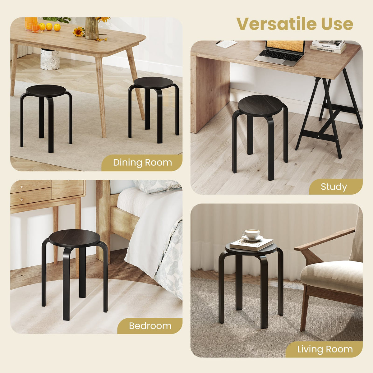 Set of 4 18 Inch Stackable Bentwood Dining Chairs with Round Top-Black-Dining Chairs-DECOROLALA