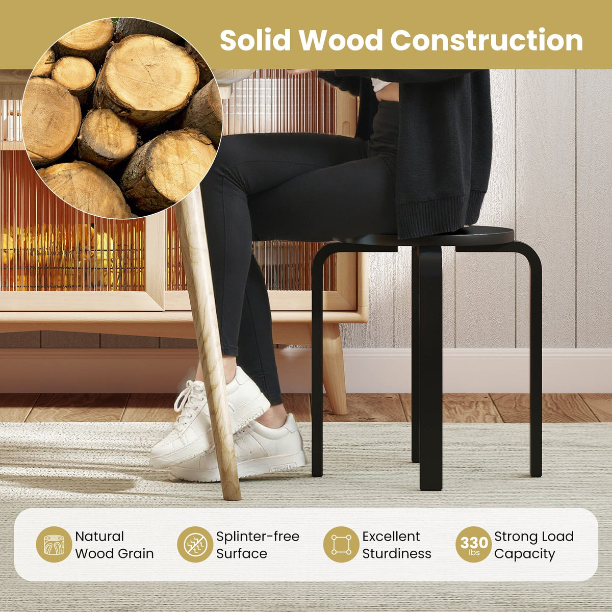 Set of 4 18 Inch Stackable Bentwood Dining Chairs with Round Top-Black-Dining Chairs-DECOROLALA