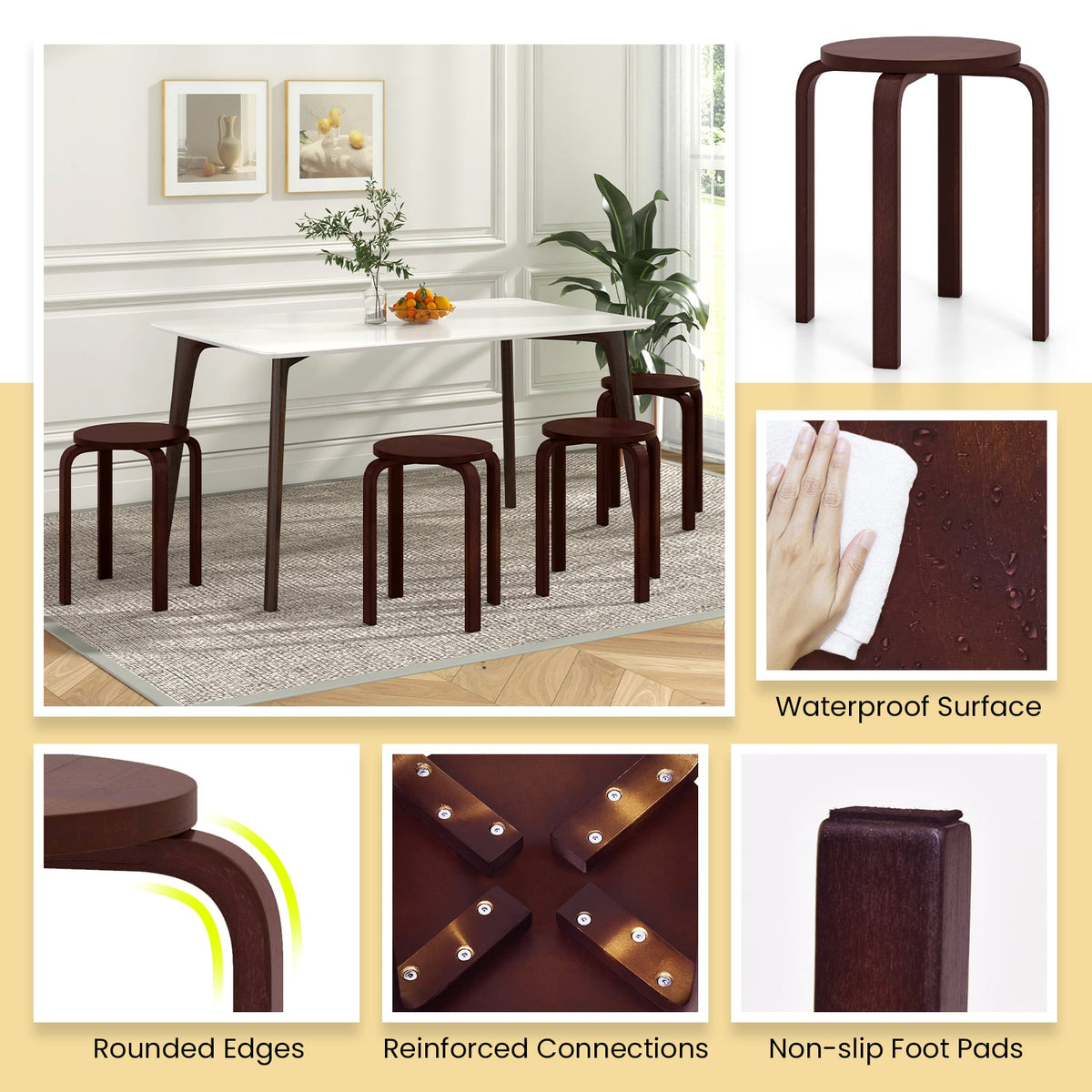 Set of 4 18 Inch Stackable Bentwood Dining Chairs with Round Top-Dark Brown-Dining Chairs-DECOROLALA