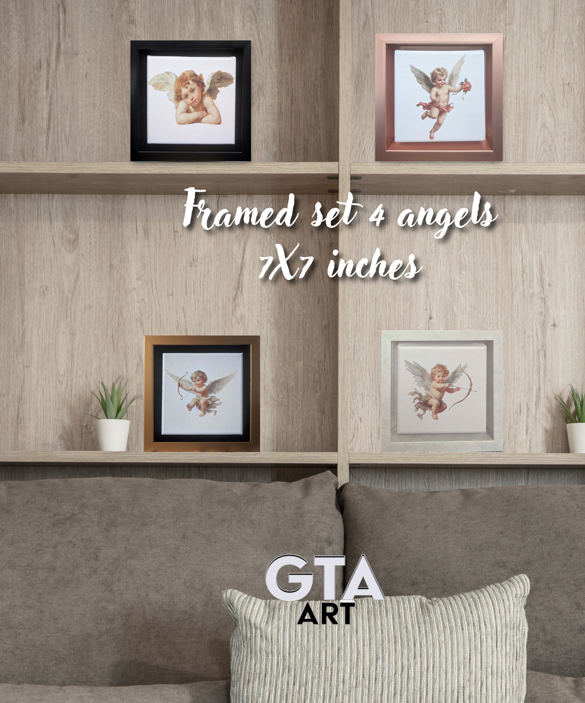 Set of 4 Angel Wings Wall Art, 7x7 Inch Framed-Canvas Print-DECOROLALA