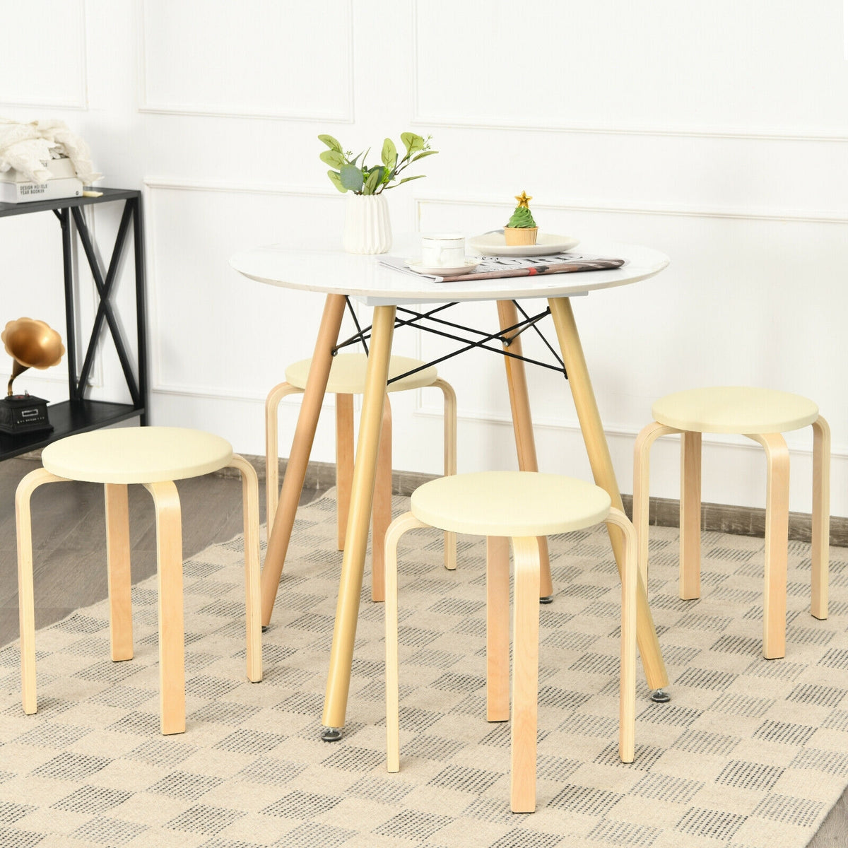 Set of 4 Bentwood Round Stool Stackable Dining Chairs with Padded Seat-Beige-Dining Chairs-DECOROLALA