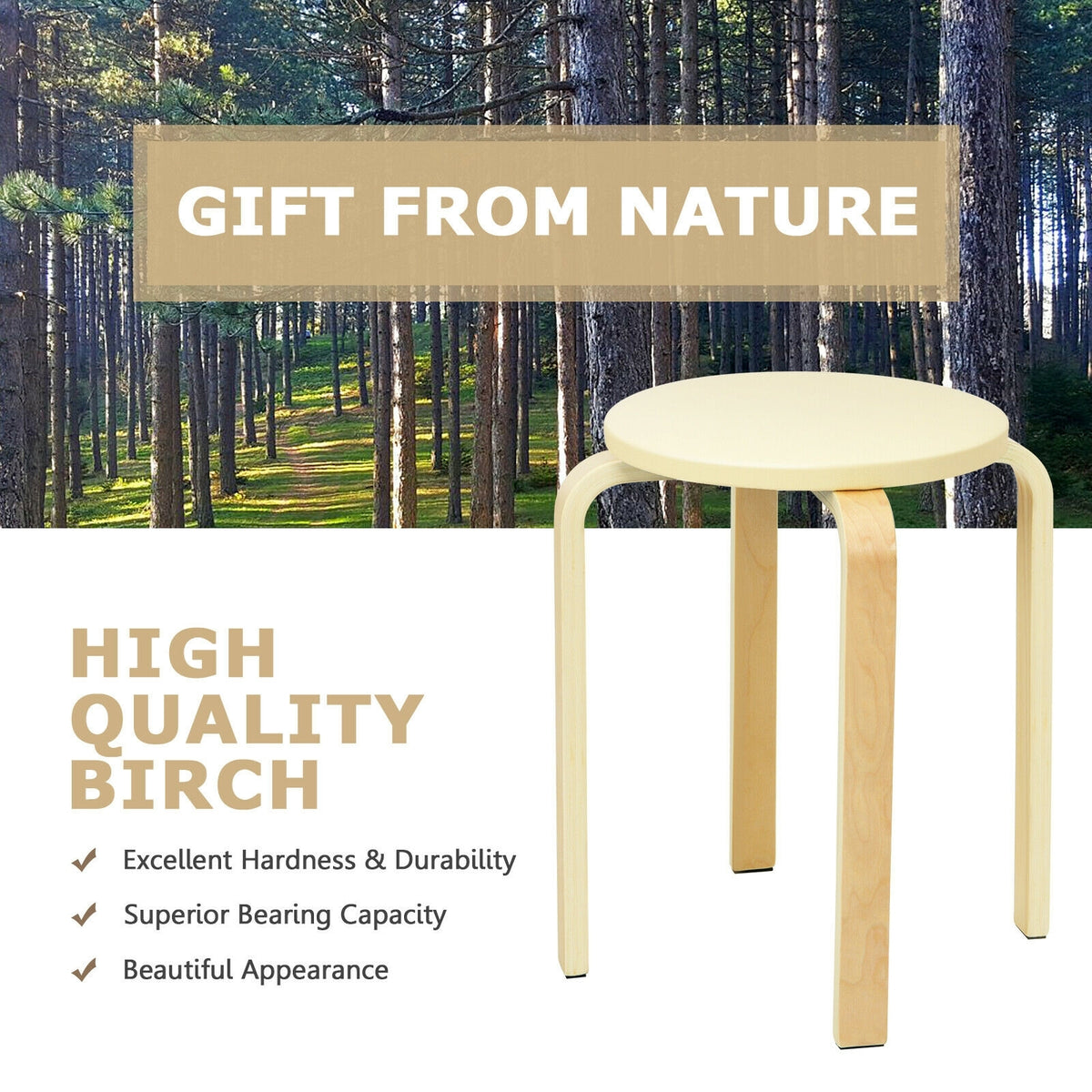 Set of 4 Bentwood Round Stool Stackable Dining Chairs with Padded Seat-Beige-Dining Chairs-DECOROLALA