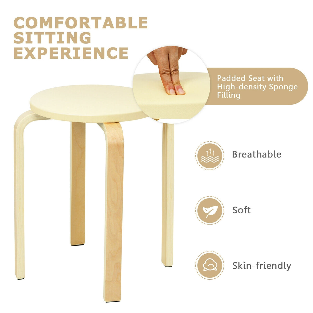 Set of 4 Bentwood Round Stool Stackable Dining Chairs with Padded Seat-Beige-Dining Chairs-DECOROLALA