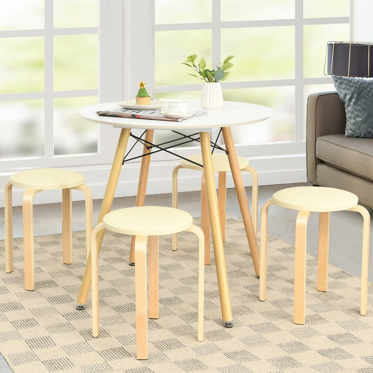 Set of 4 Bentwood Round Stool Stackable Dining Chairs with Padded Seat-Beige-Dining Chairs-DECOROLALA