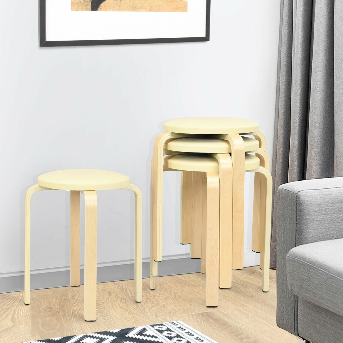 Set of 4 Bentwood Round Stool Stackable Dining Chairs with Padded Seat-Beige-Dining Chairs-DECOROLALA