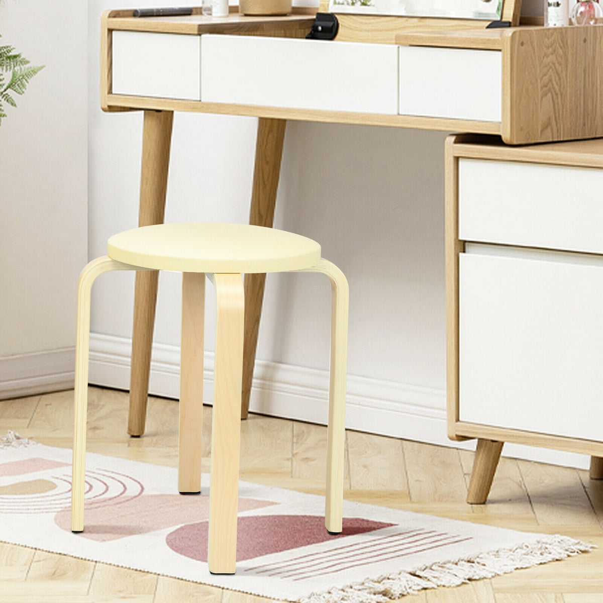 Set of 4 Bentwood Round Stool Stackable Dining Chairs with Padded Seat-Beige-Dining Chairs-DECOROLALA