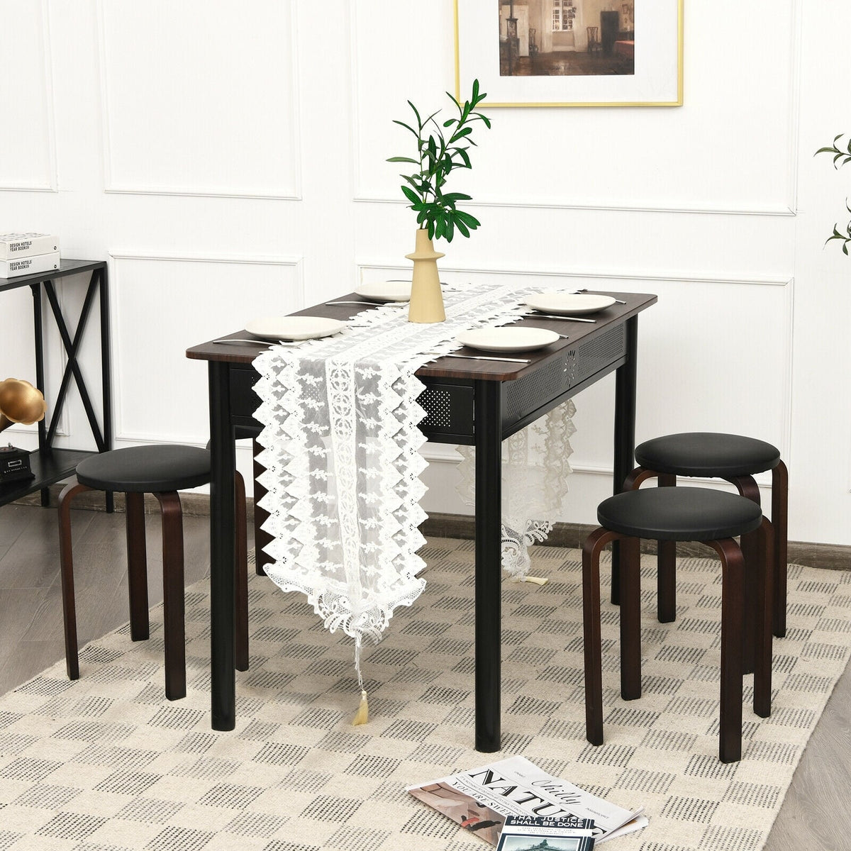 Set of 4 Bentwood Round Stool Stackable Dining Chairs with Padded Seat-Black-Dining Chairs-DECOROLALA