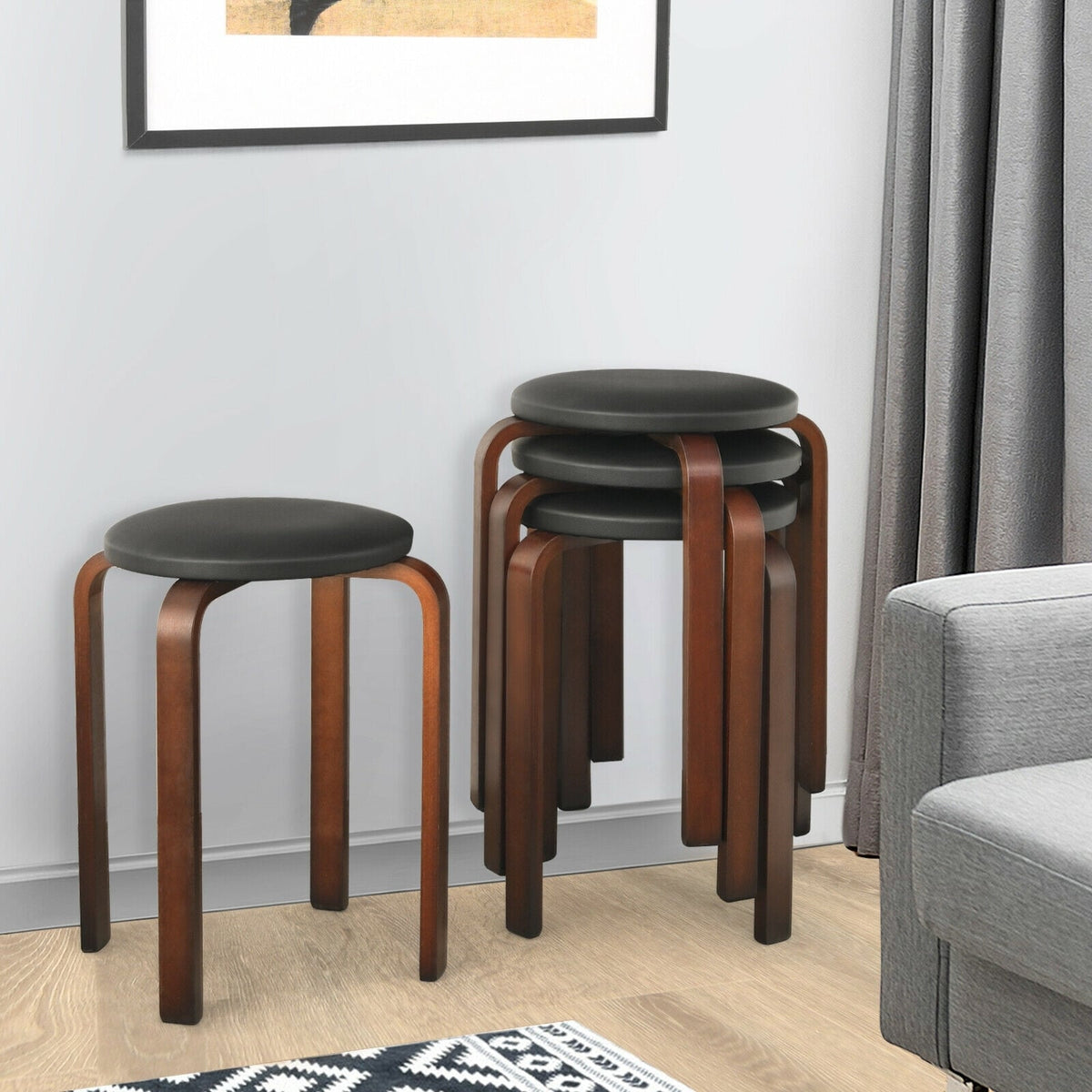 Set of 4 Bentwood Round Stool Stackable Dining Chairs with Padded Seat-Black-Dining Chairs-DECOROLALA
