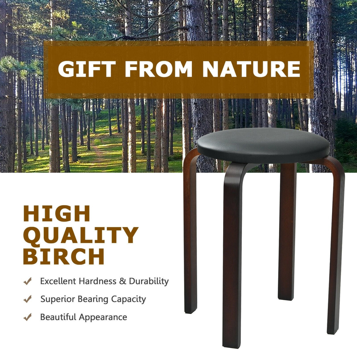 Set of 4 Bentwood Round Stool Stackable Dining Chairs with Padded Seat-Black-Dining Chairs-DECOROLALA