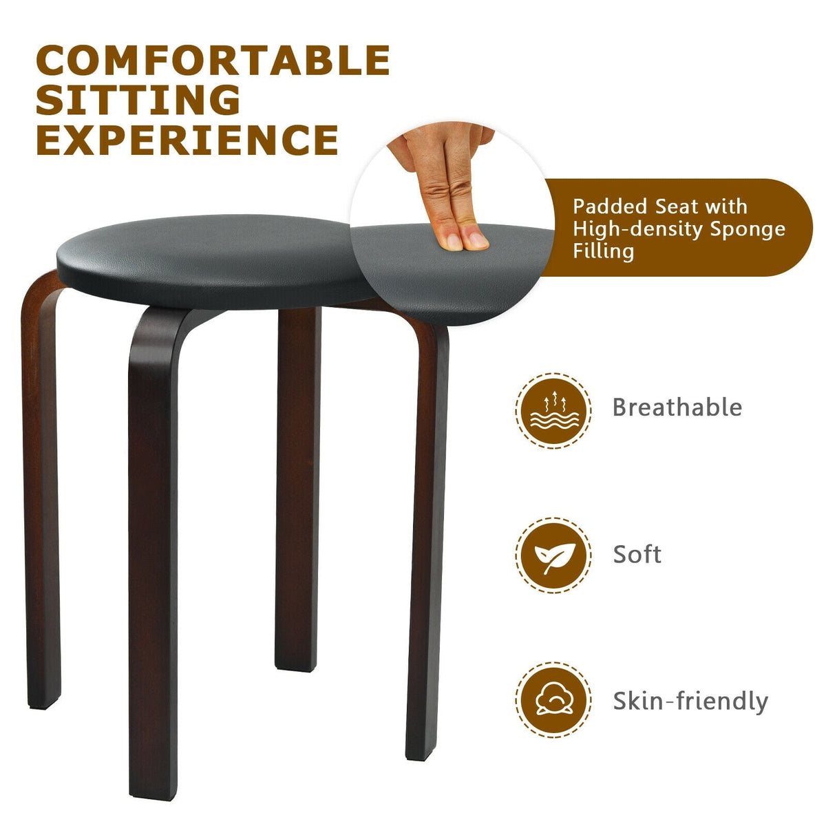 Set of 4 Bentwood Round Stool Stackable Dining Chairs with Padded Seat-Black-Dining Chairs-DECOROLALA