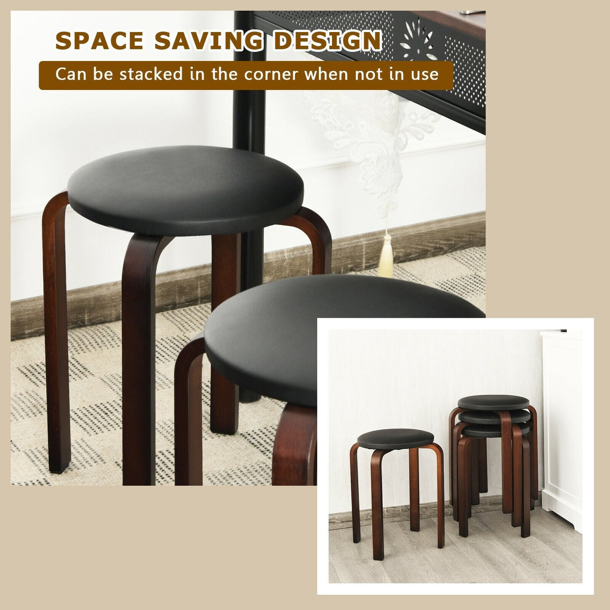 Set of 4 Bentwood Round Stool Stackable Dining Chairs with Padded Seat-Black-Dining Chairs-DECOROLALA