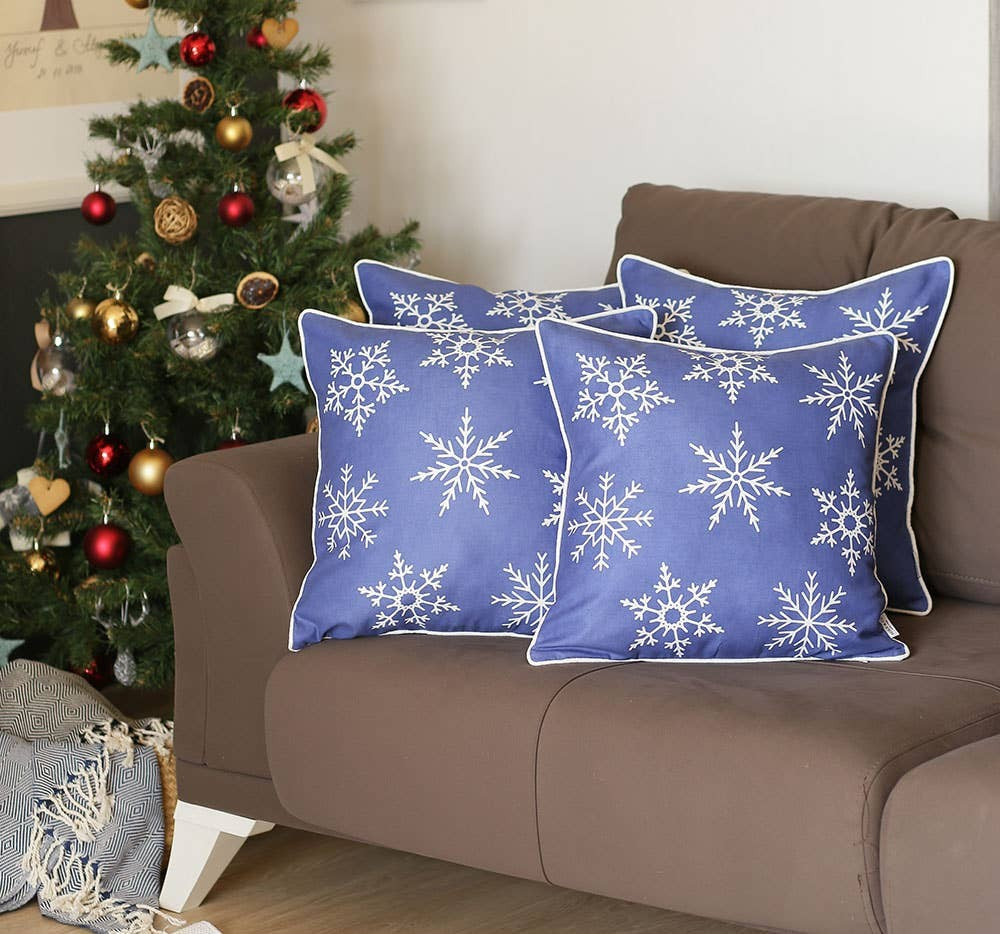 Set of 4 Blue and White Snowflakes Throw Pillows-Accent Throw Pillows-DECOROLALA