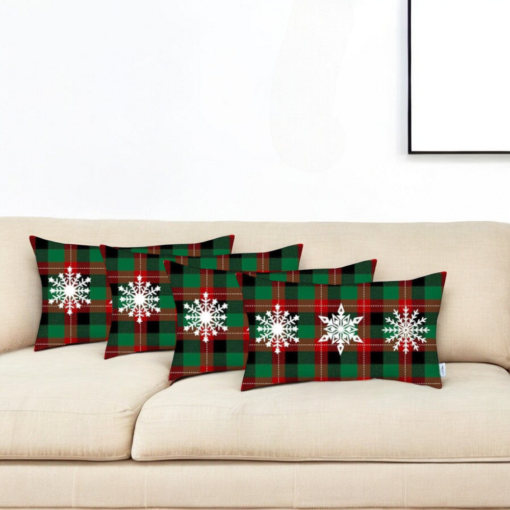 Set of 4 Christmas Snowflake Trio Plaid Lumbar Pillow Covers-Accent Throw Pillows-DECOROLALA