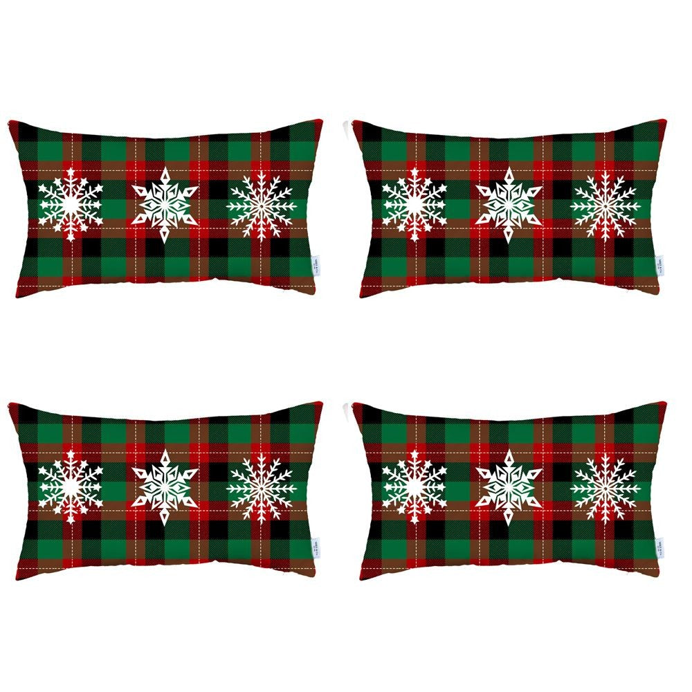 Set of 4 Christmas Snowflake Trio Plaid Lumbar Pillow Covers-Accent Throw Pillows-DECOROLALA