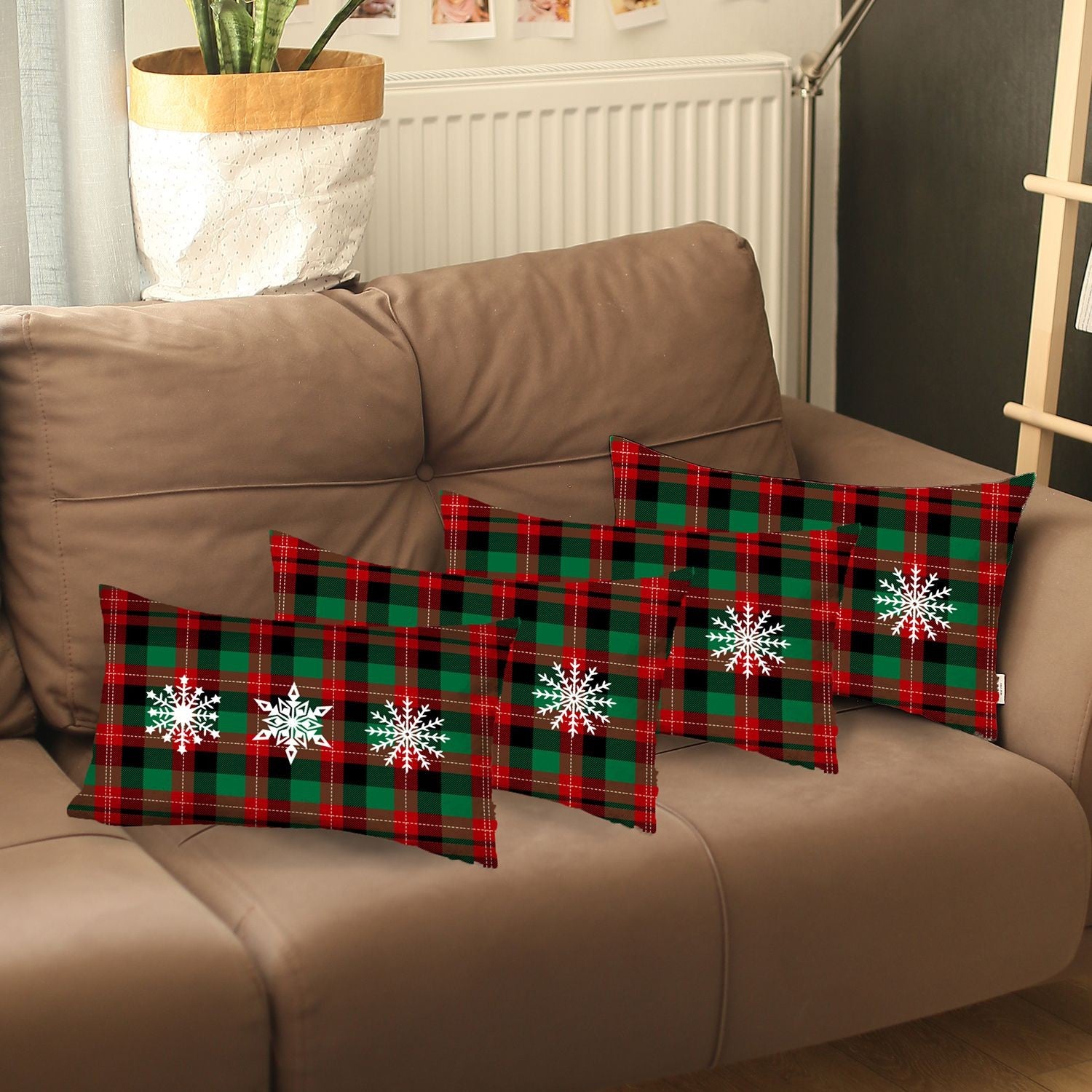 Set of 4 Christmas Snowflake Trio Plaid Lumbar Throw Pillows-Accent Throw Pillows-DECOROLALA