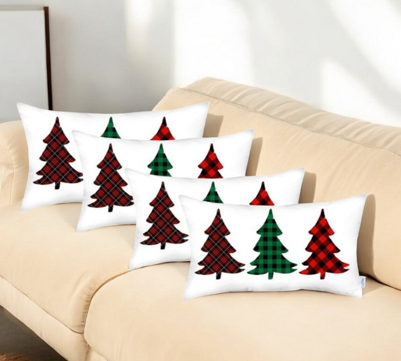Set of 4 Christmas Tree Trio Plaid Lumbar Pillow Covers-Accent Throw Pillows-DECOROLALA