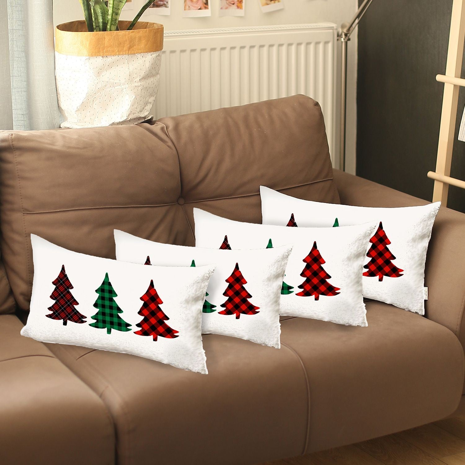 Set of 4 Christmas Tree Trio Plaid Lumbar Pillow Covers-Accent Throw Pillows-DECOROLALA