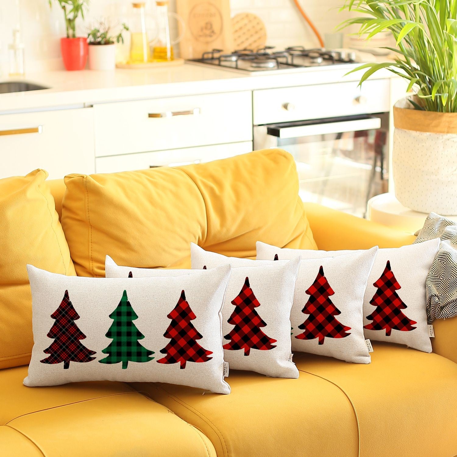 Set of 4 Christmas Tree Trio Plaid Lumbar Pillow Covers-Accent Throw Pillows-DECOROLALA