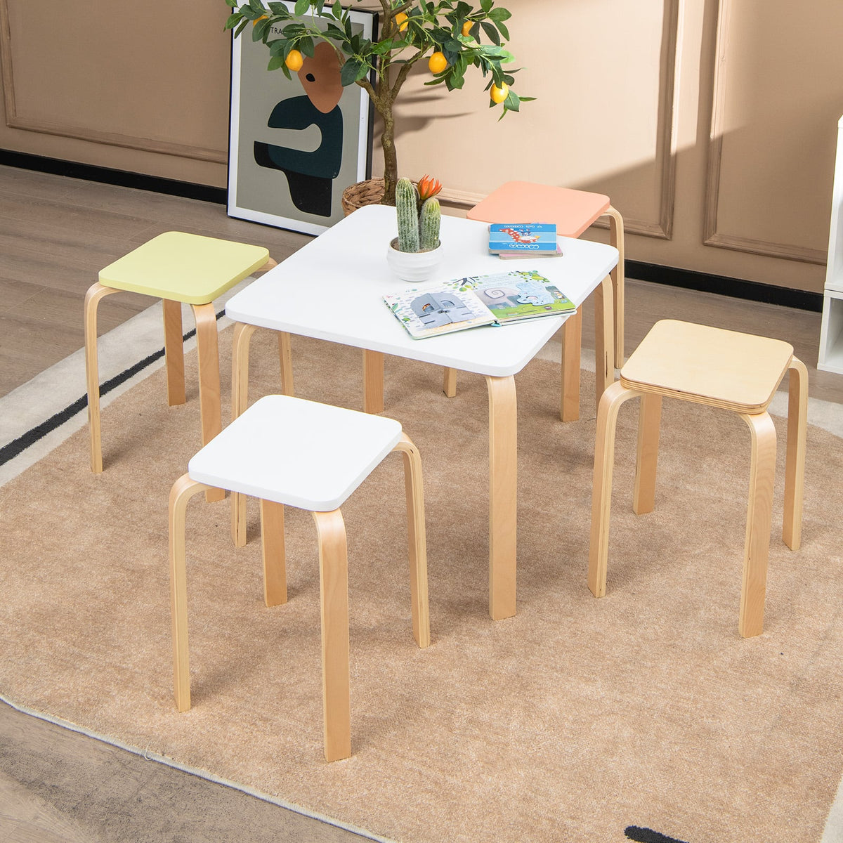 Set of 4 Colorful Square Stools with Anti-slip Felt Mats-Multicolor-Dining Chairs-DECOROLALA