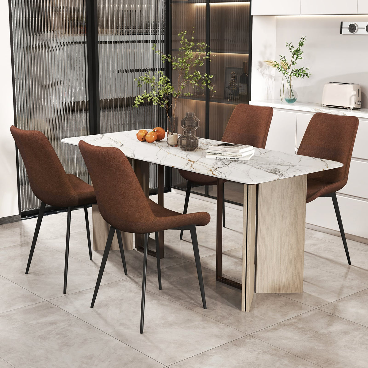 Set of 4 Dining Chair Upholstered with Metal Legs and Padded Backs-Brown-Dining Chairs-DECOROLALA