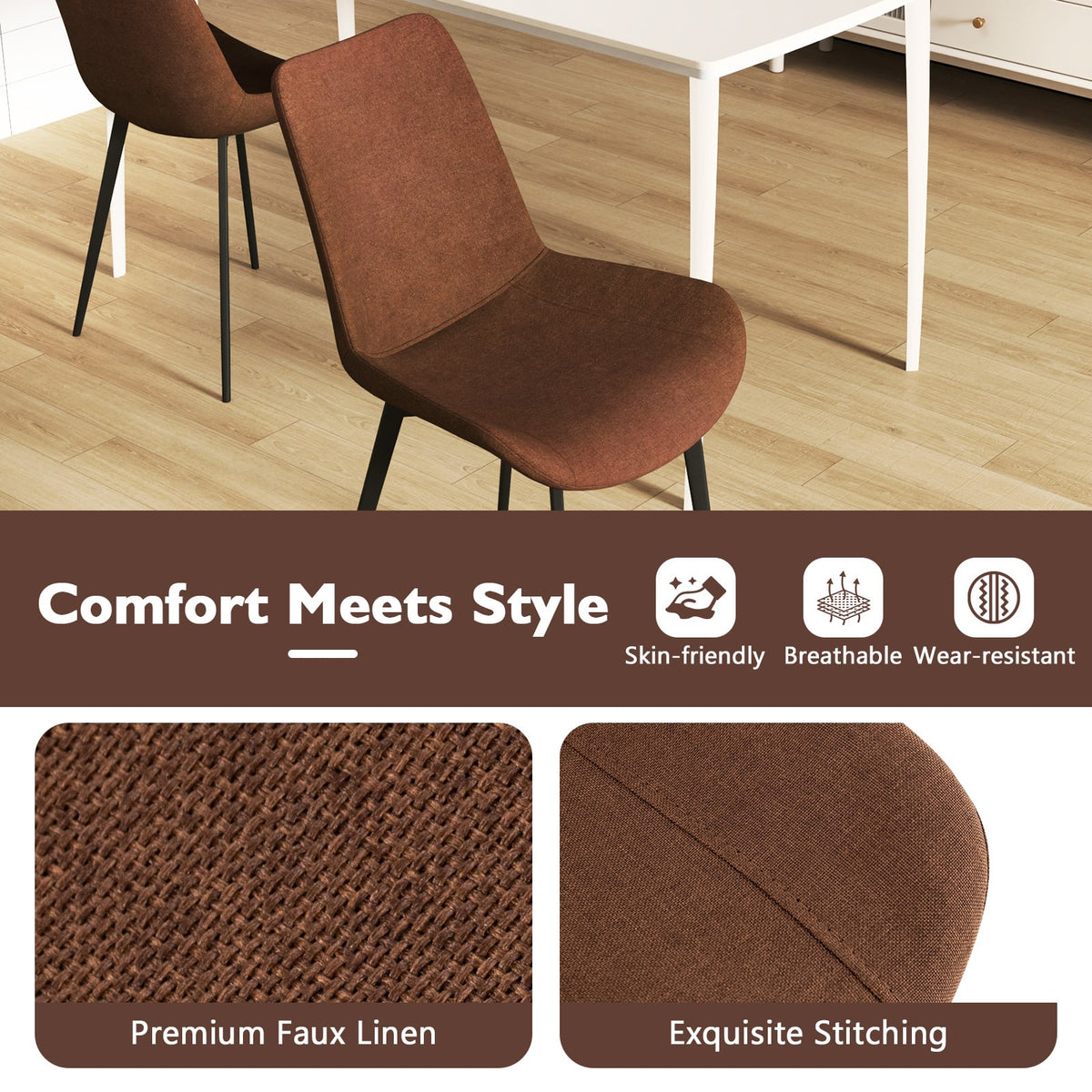 Set of 4 Dining Chair Upholstered with Metal Legs and Padded Backs-Brown-Dining Chairs-DECOROLALA