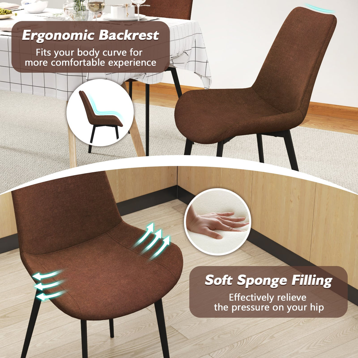 Set of 4 Dining Chair Upholstered with Metal Legs and Padded Backs-Brown-Dining Chairs-DECOROLALA