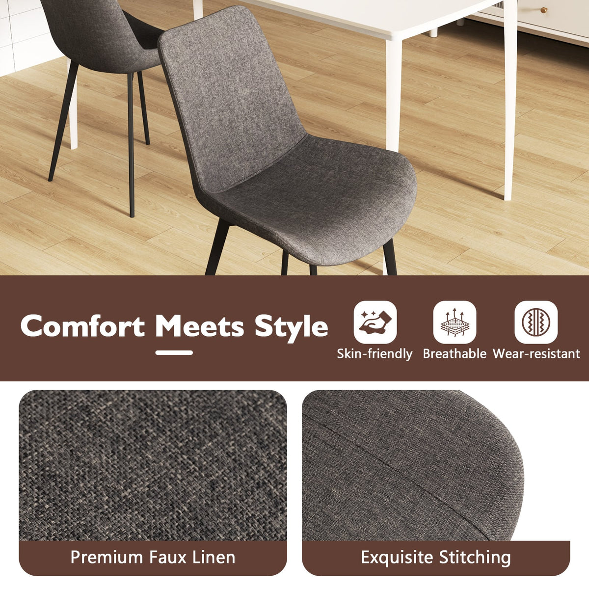 Set of 4 Dining Chair Upholstered with Metal Legs and Padded Backs-Gray-Dining Chairs-DECOROLALA