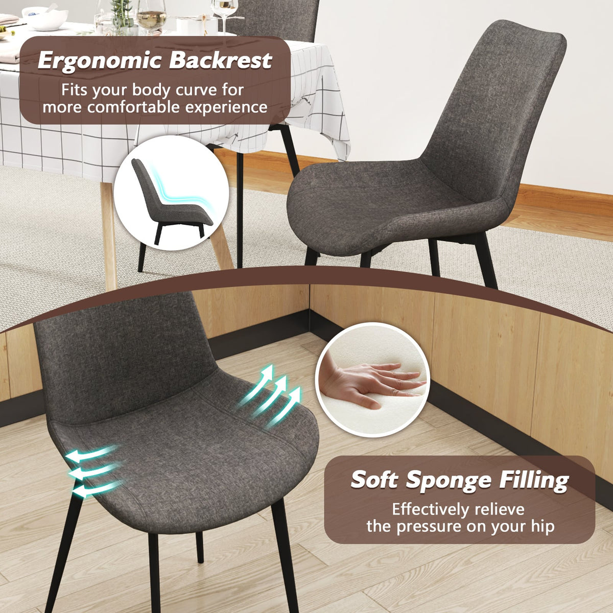 Set of 4 Dining Chair Upholstered with Metal Legs and Padded Backs-Gray-Dining Chairs-DECOROLALA