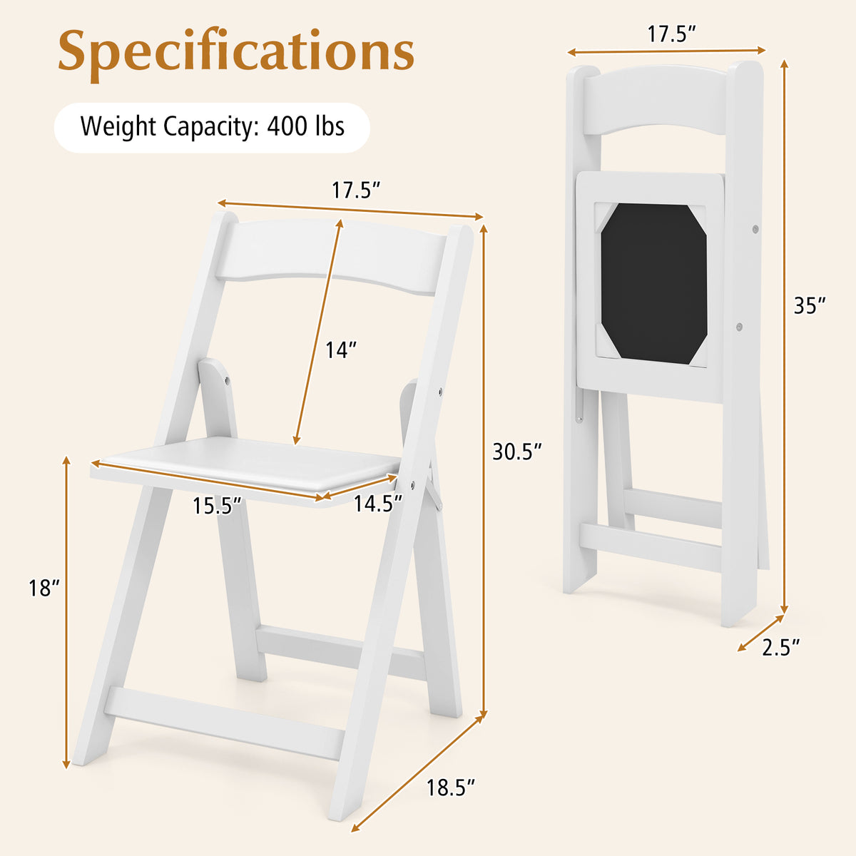 Set of 4 Dining Chairs Foldable Kitchen Chair with Rubber Wood Legs and Padded Seat-White-Dining Chairs-DECOROLALA