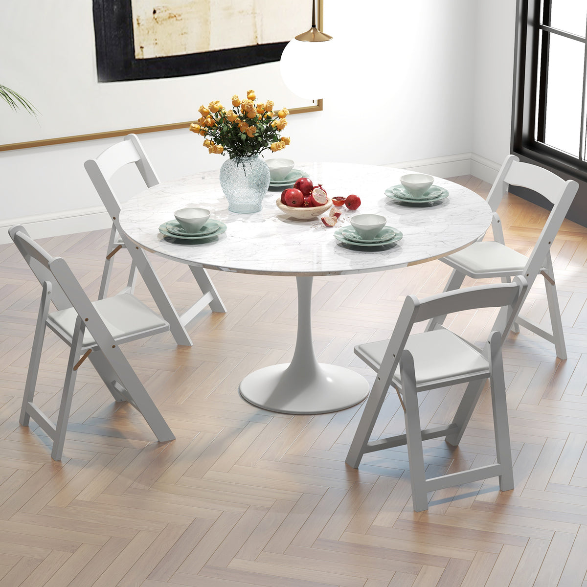 Set of 4 Dining Chairs Foldable Kitchen Chair with Rubber Wood Legs and Padded Seat-White-Dining Chairs-DECOROLALA