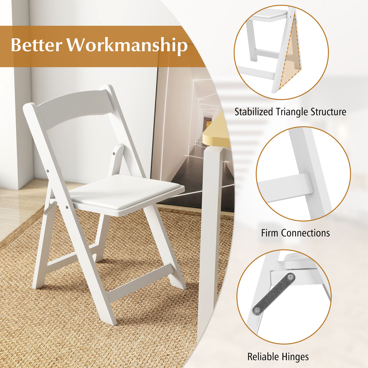 Set of 4 Dining Chairs Foldable Kitchen Chair with Rubber Wood Legs and Padded Seat-White-Dining Chairs-DECOROLALA