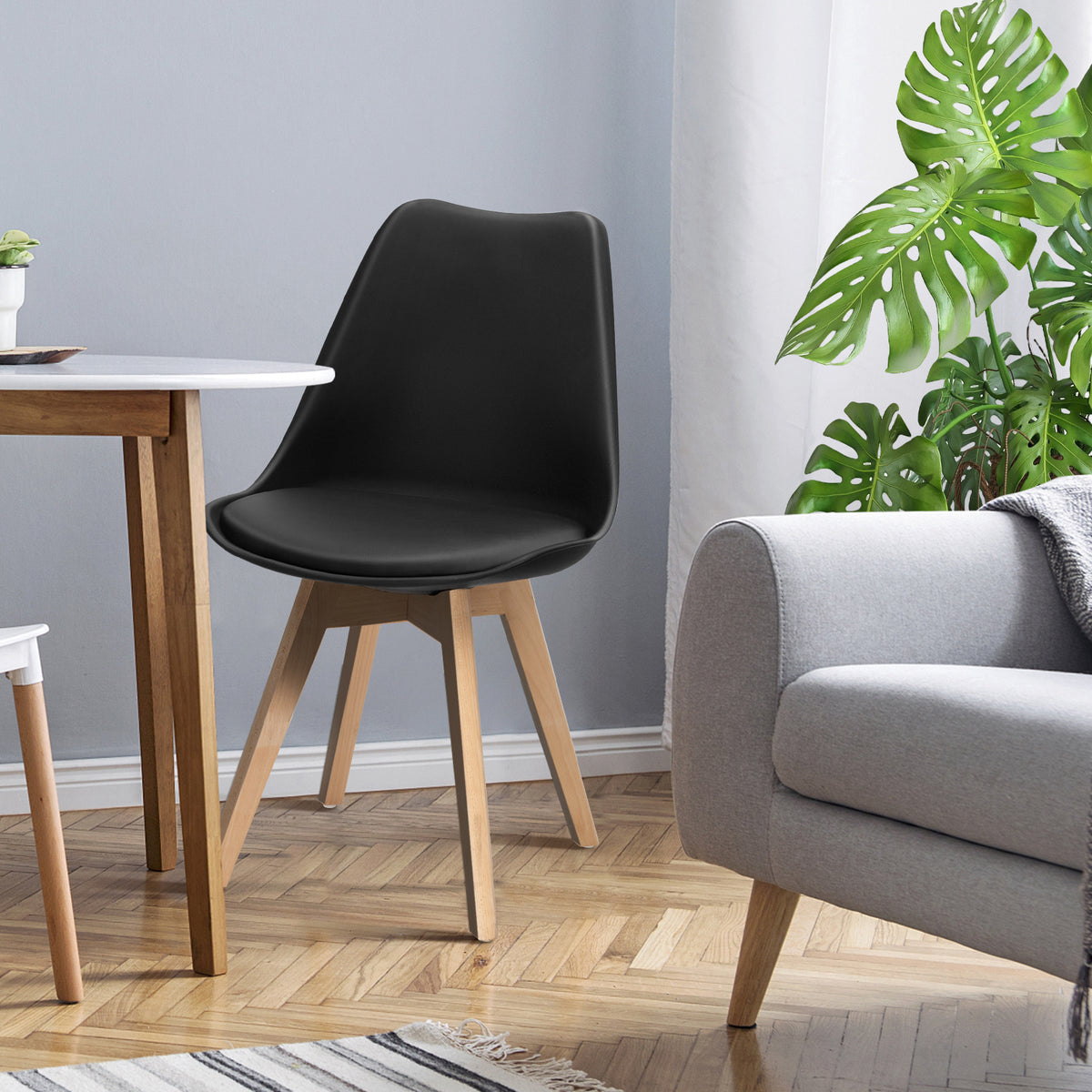 Set of 4 Dining Chairs Mid-Century Modern Shell PU Seat with Wooden Legs-Black-Dining Chairs-DECOROLALA