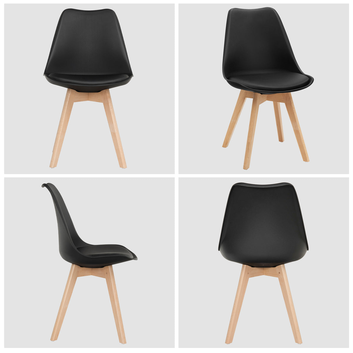 Set of 4 Dining Chairs Mid-Century Modern Shell PU Seat with Wooden Legs-Black-Dining Chairs-DECOROLALA
