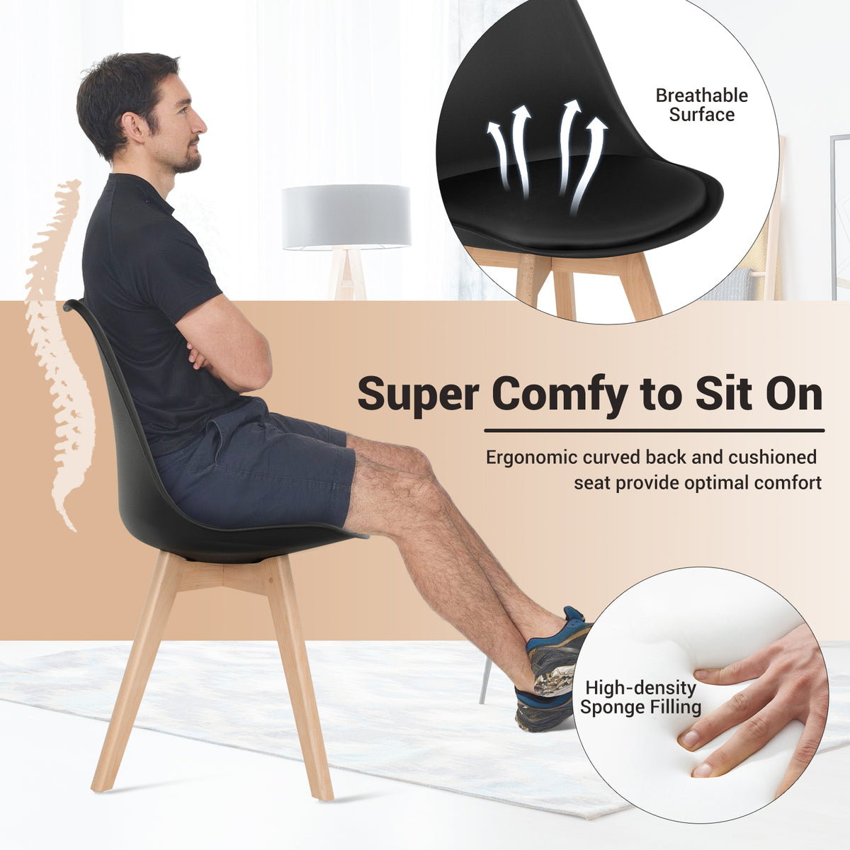 Set of 4 Dining Chairs Mid-Century Modern Shell PU Seat with Wooden Legs-Black-Dining Chairs-DECOROLALA