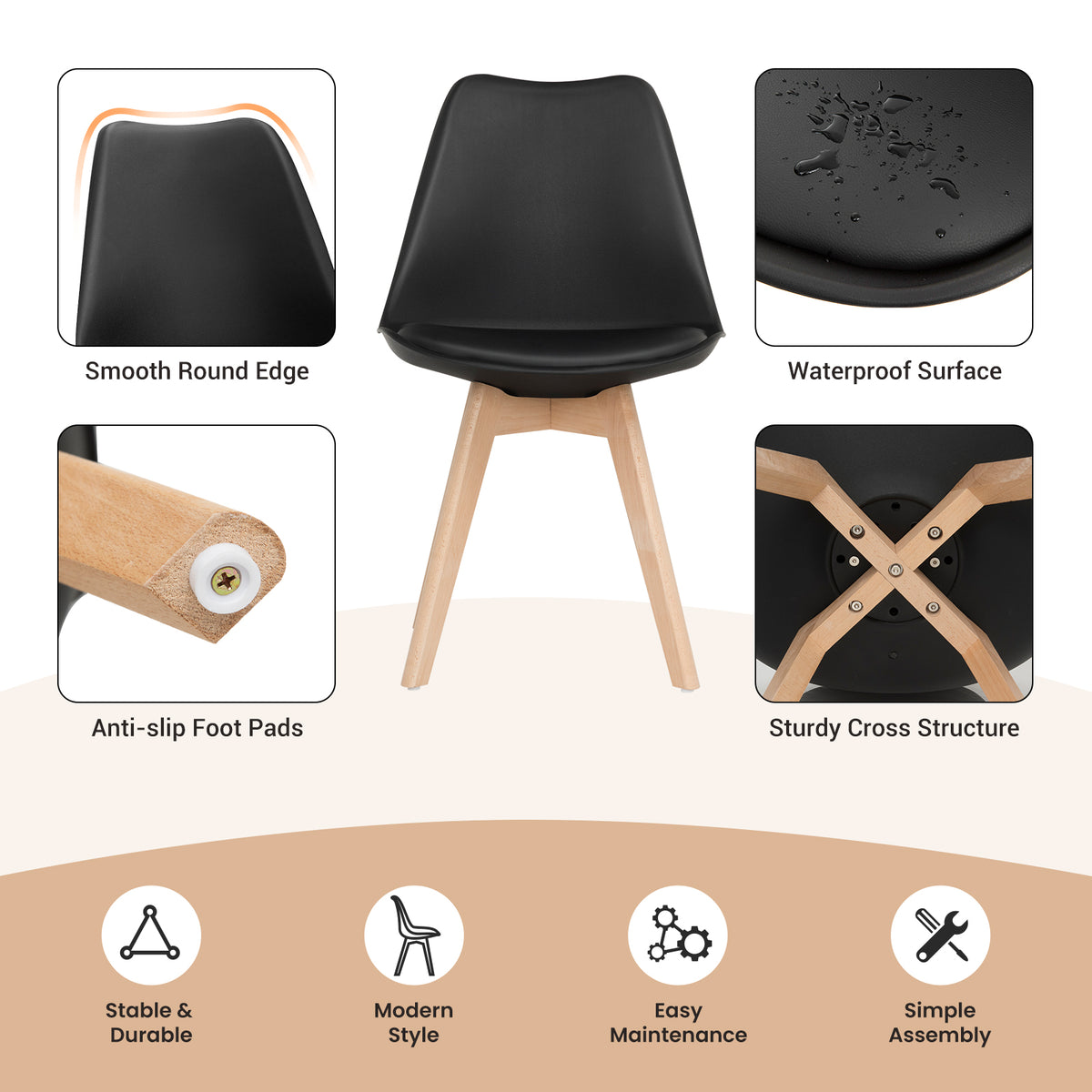 Set of 4 Dining Chairs Mid-Century Modern Shell PU Seat with Wooden Legs-Black-Dining Chairs-DECOROLALA
