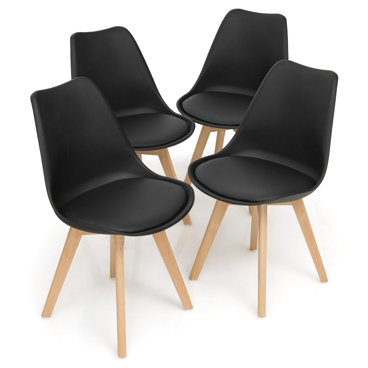 Set of 4 Dining Chairs Mid-Century Modern Shell PU Seat with Wooden Legs-Black-Dining Chairs-DECOROLALA
