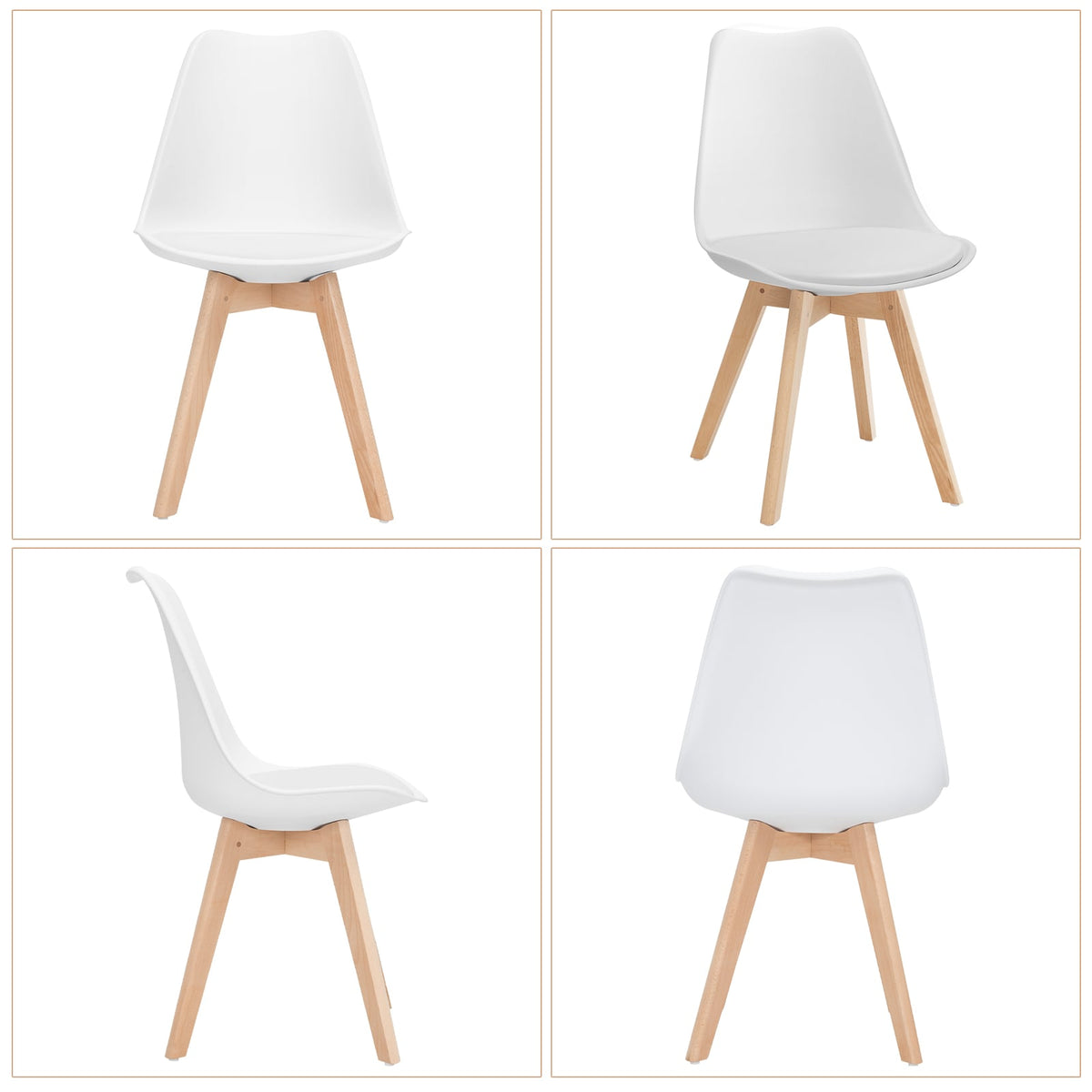Set of 4 Dining Chairs Mid-Century Modern Shell PU Seat with Wooden Legs-White-Dining Chairs-DECOROLALA