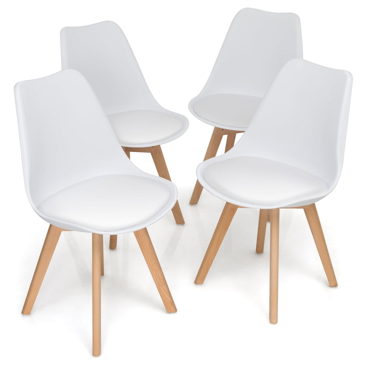 Set of 4 Dining Chairs Mid-Century Modern Shell PU Seat with Wooden Legs-White-Dining Chairs-DECOROLALA
