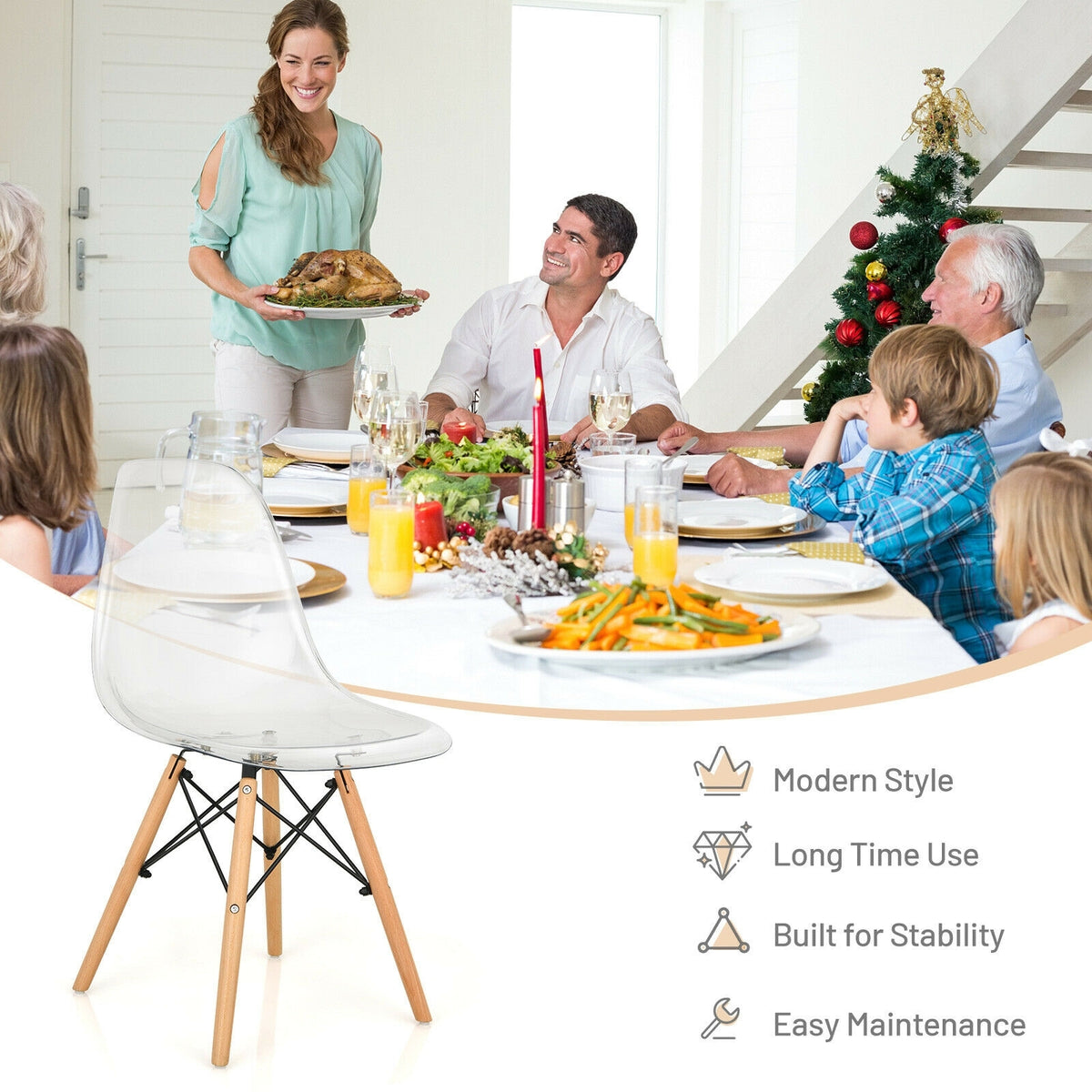 Set of 4 Dining Chairs Modern Plastic Shell Side Chair with Clear Seat and Wood Legs-Natural-Dining Chairs-DECOROLALA