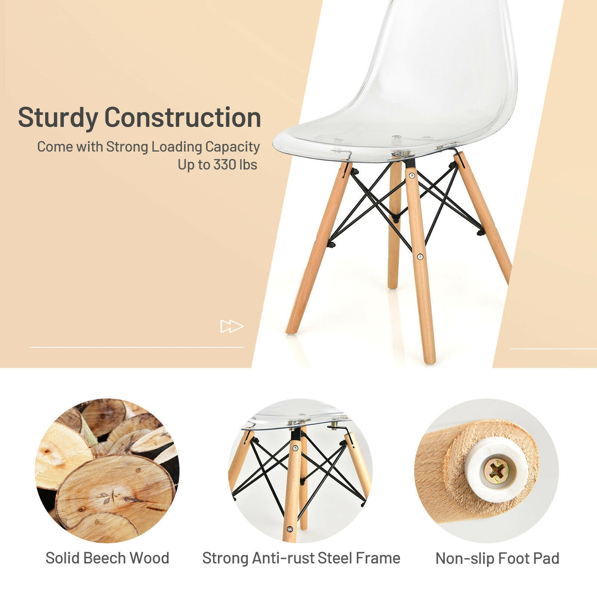 Set of 4 Dining Chairs Modern Plastic Shell Side Chair with Clear Seat and Wood Legs-Natural-Dining Chairs-DECOROLALA